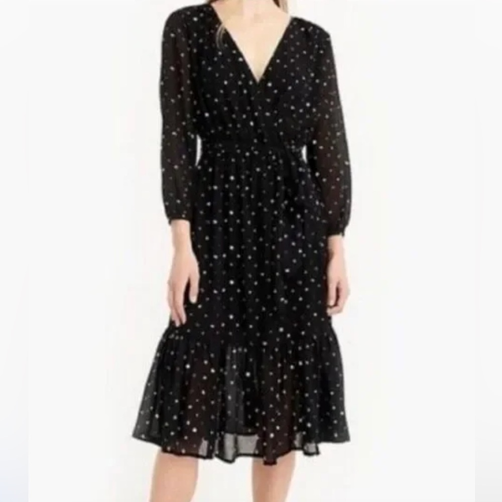 J. Crew Point Sur Chiffon Polka Dot Faux Wrap Midi Dress in Black